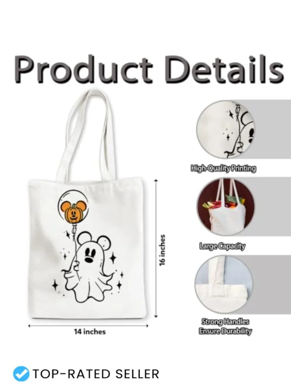 Eco-Friendly Cotton Canvas Tote Bag 16x14 Shoulder Strap Halloween
